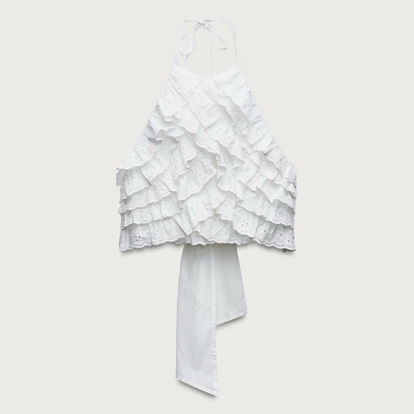 White Ruffle Embroidered Halter Top - Picture 2 of 3